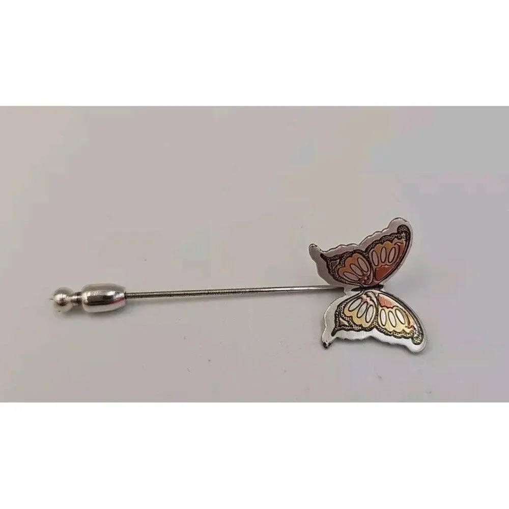 Vintage Reed‎ and Barton Silver Tone Metal Damascene Butterfly Stick Pin Brooch